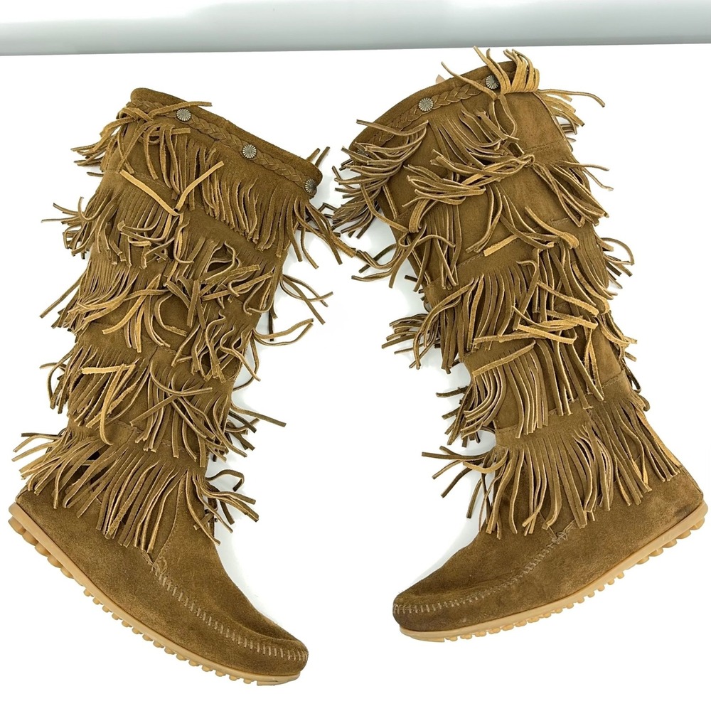 Minnetonka Womens Size 9 Tall Boots 5 Tier Layer Fringe Moccasin Suede Boho Flow